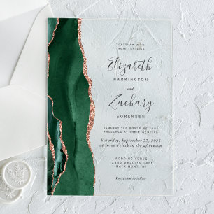Invitations En Acrylique Mariage d'âge d'or Emerald Green Rose moderne