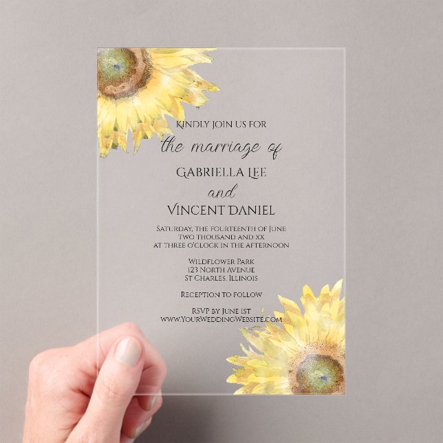 Invitations En Acrylique Mariage d'aquarelle des tournesols jaunes (In situ (ordinateur de poche))