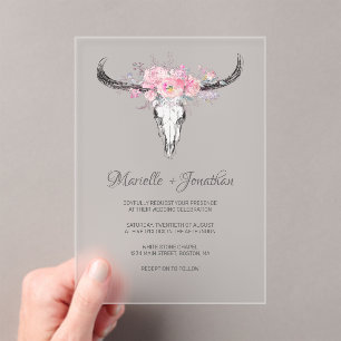 Invitations En Acrylique Mariage d'aquarelle florale de Boho de vache rusti