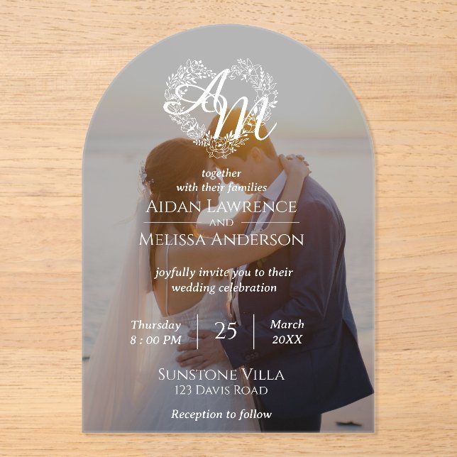 Invitations En Acrylique Mariage d'arc noir et blanc photo personnalisé (Recto)
