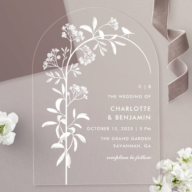 Invitations En Acrylique Mariage d'arche botanique moderne aux oiseaux blan (Créateur téléchargé)