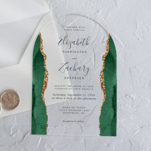 Invitations En Acrylique Mariage d'arche moderne Emerald Green Gold Agate