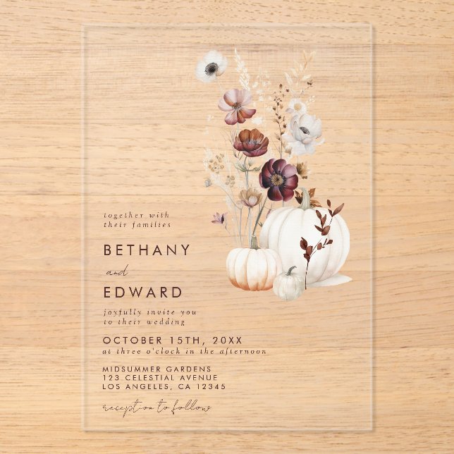 Invitations En Acrylique Mariage d'automne Boho (Recto)
