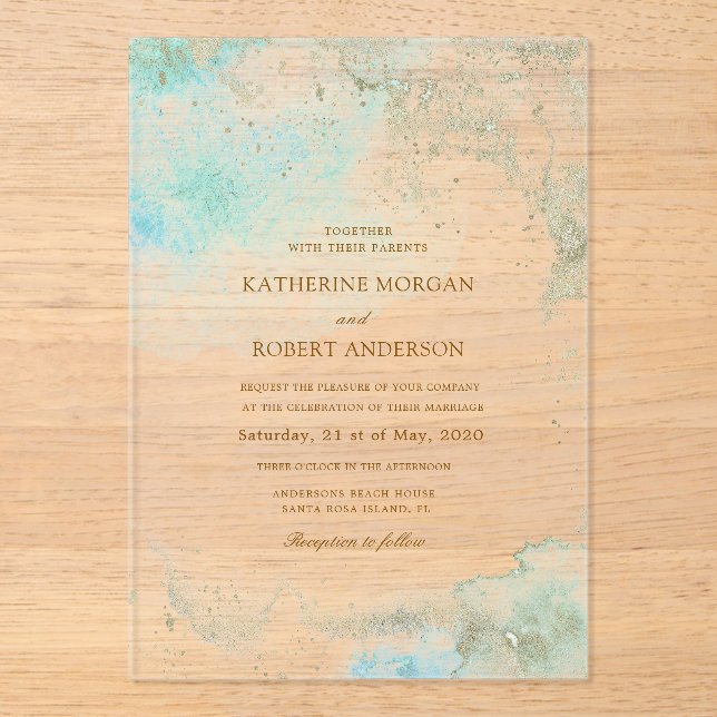 Invitations En Acrylique Mariage de budget côtier aquarelle (Recto)