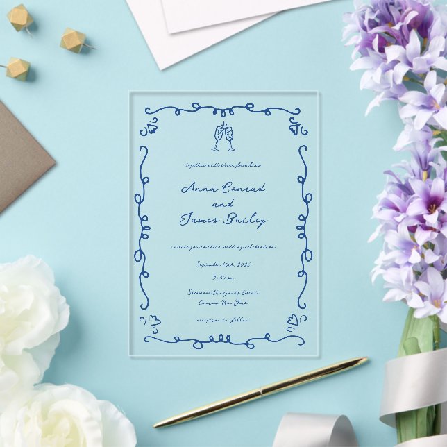 Invitations En Acrylique Mariage de cadre de gribouillis bleu (Insitu (Mariage))