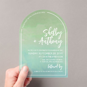 Invitations En Acrylique Mariage de cadre en arc vert de mer nuageux