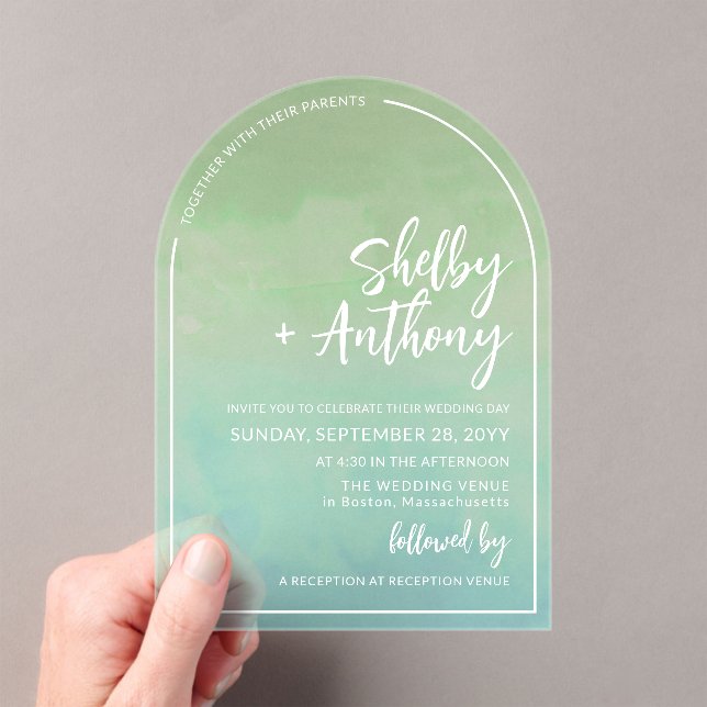 Invitations En Acrylique Mariage de cadre en arc vert de mer nuageux (In situ (ordinateur de poche))
