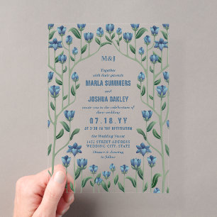 Invitations En Acrylique Mariage de cadre Floral Vintage Fleur sauvage bleu