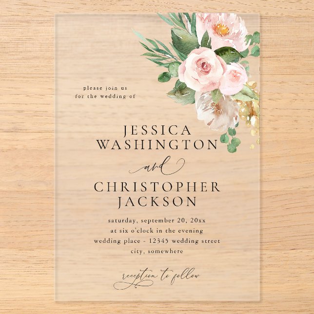 Invitations En Acrylique Mariage de champagne et rose (Recto)