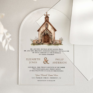 Invitations En Acrylique Mariage de chapelle occidentale en bois rustique