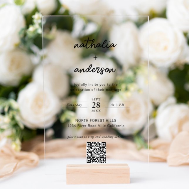 Invitations En Acrylique Mariage de code QR de script simple moderne (Créateur téléchargé)