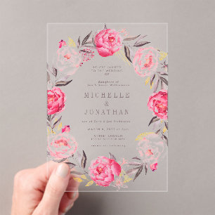 Invitations En Acrylique Mariage de courme à fleurs rose
