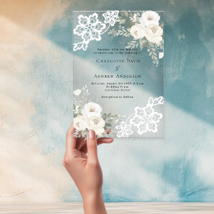 Invitations En Acrylique Mariage de dentelle fleurie blanche