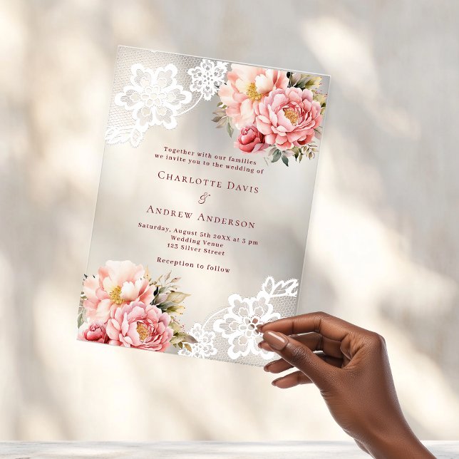 Invitations En Acrylique Mariage de dentelle fleurie de pêche rose (Créateur téléchargé)