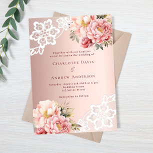 Invitations En Acrylique mariage de dentelle fleurie rose or rose