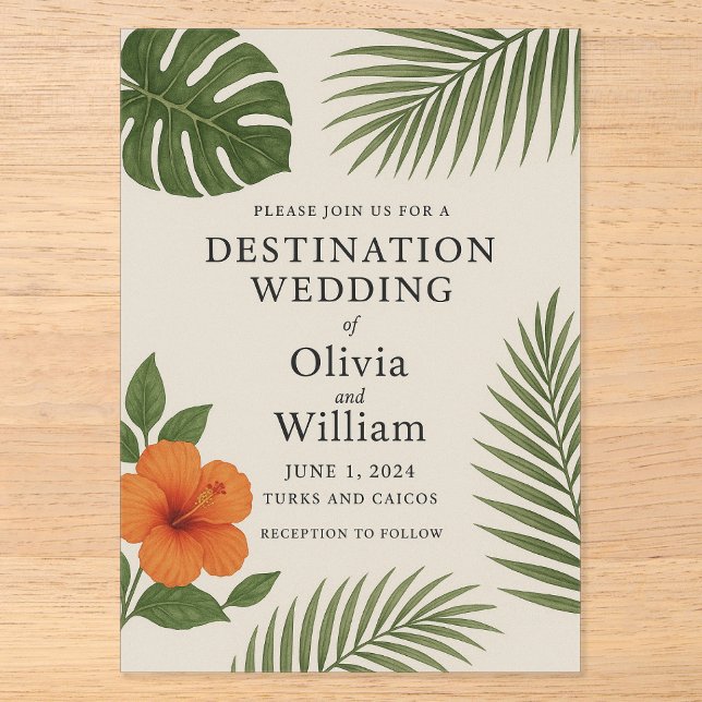 Invitations En Acrylique Mariage de destination tropicale (Recto)