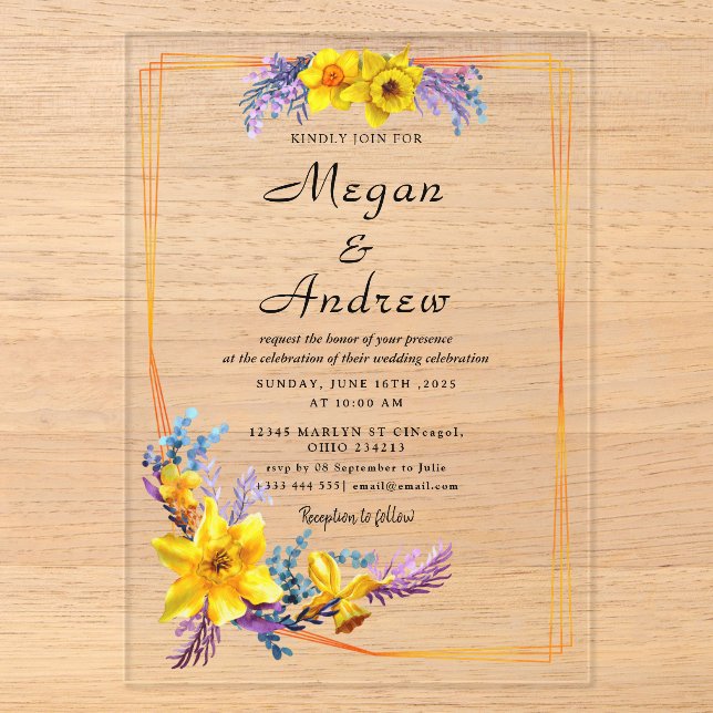 Invitations En Acrylique mariage de feuillage d'automne des fleurs d'or (Recto)