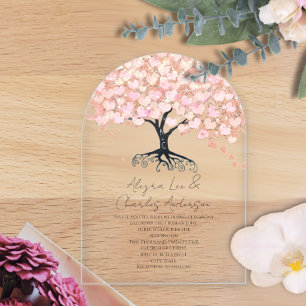 Invitations En Acrylique Mariage de feuilles de coeur rose enchantée Fairyt