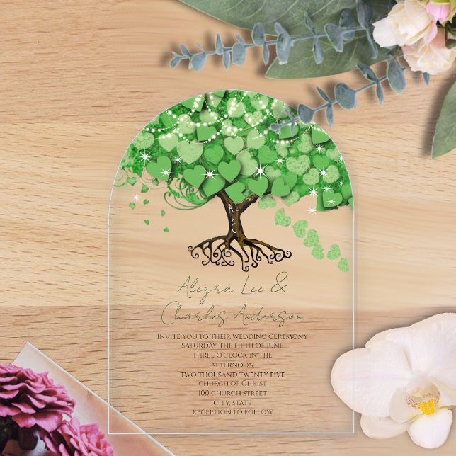 Invitations En Acrylique Mariage de feuilles de coeur vert de Fairytale enc (Créateur téléchargé)