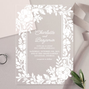 Invitations En Acrylique Mariage de frontière floral blanc élégant