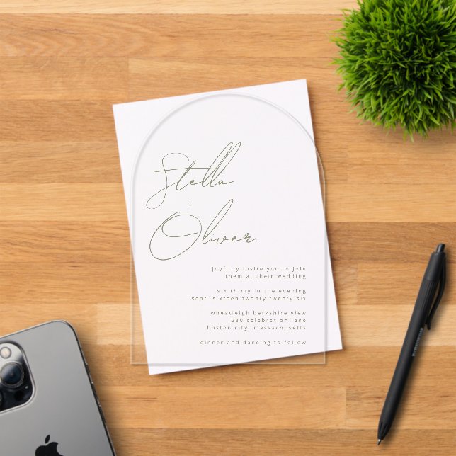 Invitations En Acrylique Mariage de la calligraphie verte de Sage moderne (Insitu (Carte d'invitation))