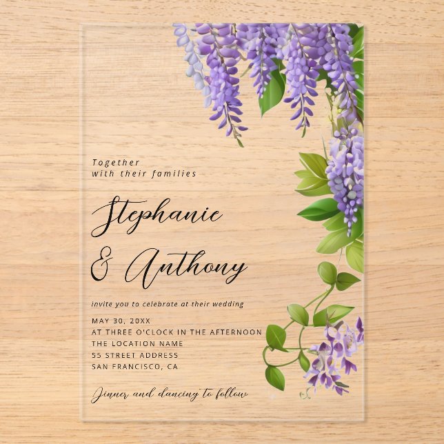 Invitations En Acrylique Mariage de la glycine violette à pendaison botaniq (Recto)