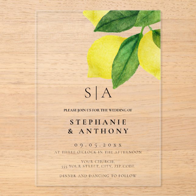 Invitations En Acrylique Mariage de la succursale de citrus Monogram Lemon  (Recto)