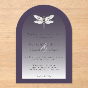 Invitations En Acrylique Mariage de libellules violettes foncées