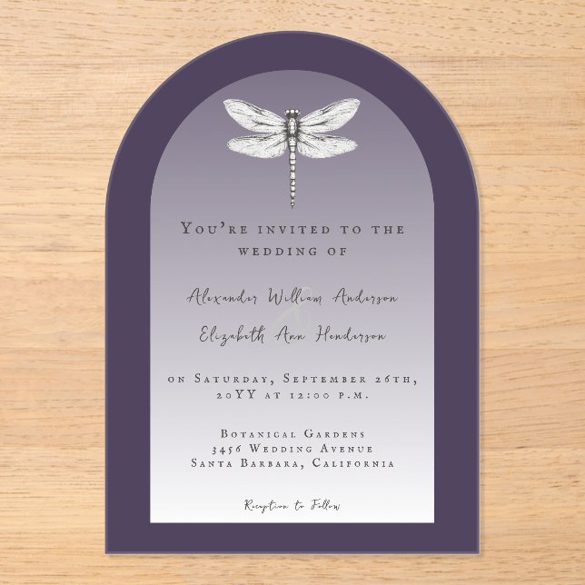 Invitations En Acrylique Mariage de libellules violettes foncées (Recto)