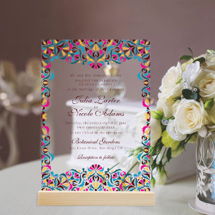 Invitations En Acrylique Mariage de mandala floral fantaisiste bleu magenta