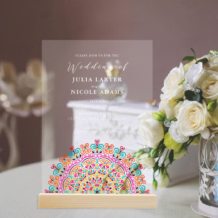 Invitations En Acrylique Mariage de Mandala rétro mexicain Terrain fleuriss