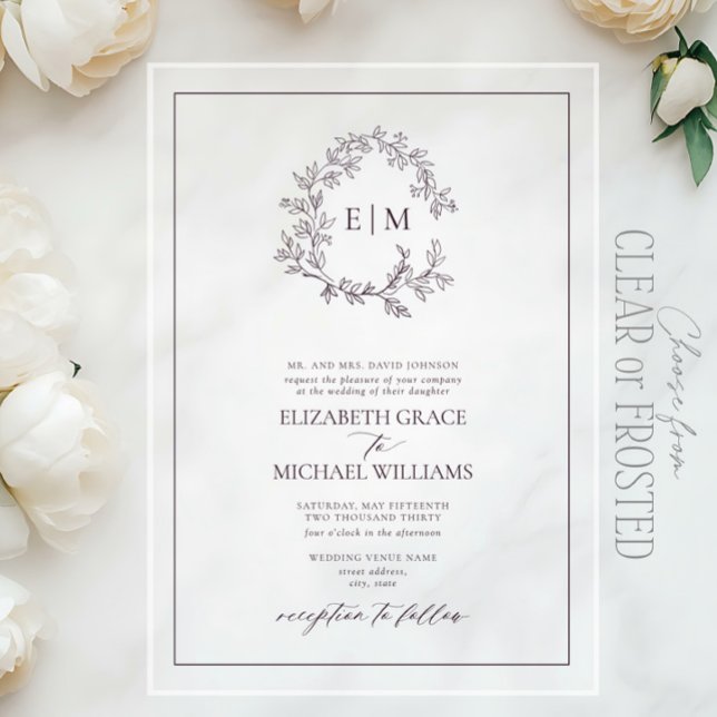 Invitations En Acrylique Mariage de monogramme à poitrine violette (Créateur téléchargé)