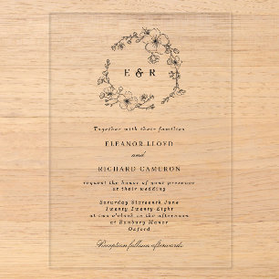 Invitations En Acrylique Mariage de monogramme de couronne de fleurs noires