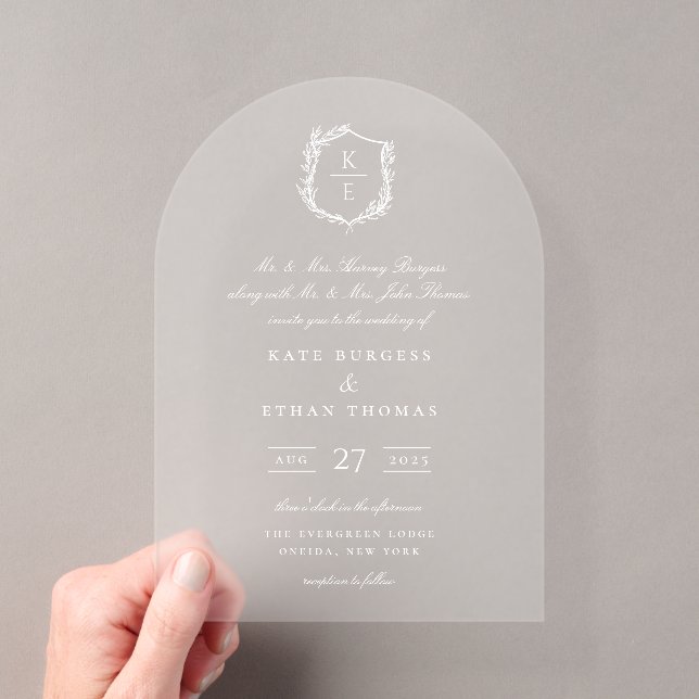 Invitations En Acrylique Mariage de monogramme de crête botanique (In situ (ordinateur de poche))