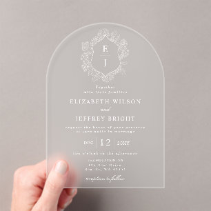 Invitations En Acrylique Mariage de monogramme de crête florale bleu-poussi