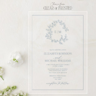 Invitations En Acrylique Mariage de monogramme moderne Dusty Blue Leafy Cre
