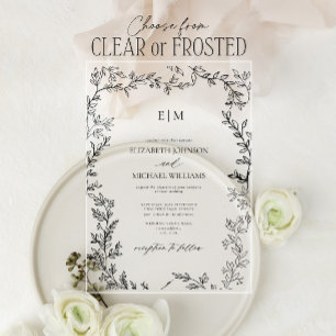 Invitations En Acrylique Mariage de monogramme noir blanc à feuilles minime