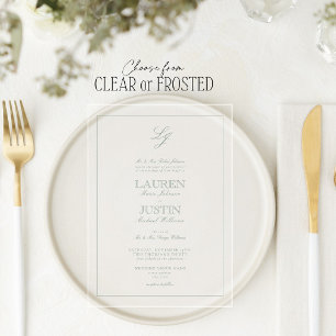 Invitations En Acrylique Mariage de monogramme vert de série classique