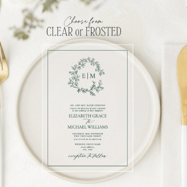 Invitations En Acrylique Mariage de monogramme vert émeraude (Créateur téléchargé)