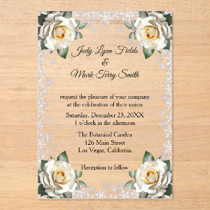 Invitations En Acrylique Mariage de Noël des Flammes de neige Roses blanche
