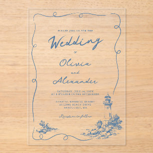 Invitations En Acrylique Mariage de Phare Côtiers Dessinés à la Main Fantai