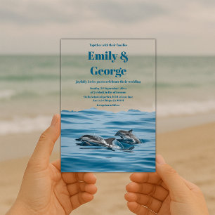 Invitations En Acrylique Mariage de plage côtier avec dauphins joueurs bleu