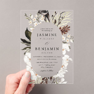 Invitations En Acrylique Mariage de plage Floral noir & blanc