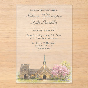 Invitations En Acrylique Mariage de printemps à la chapelle en pierre à l'a