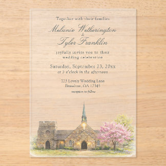 Invitations En Acrylique Mariage de printemps à la chapelle en pierre à l'a