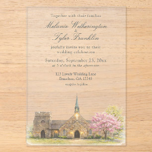 Invitations En Acrylique Mariage de printemps à la chapelle en pierre aquar