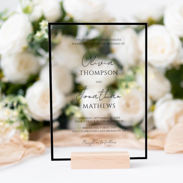 Invitations En Acrylique Mariage de script blanc à bordure noire simple (Créateur téléchargé)