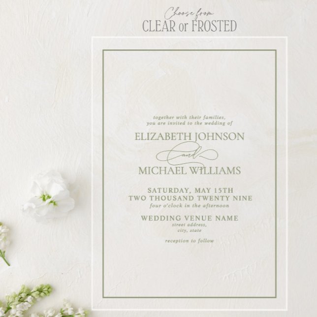 Invitations En Acrylique Mariage de script classique de Sage Vert (Créateur téléchargé)