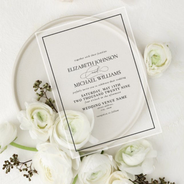 Invitations En Acrylique Mariage de script classique en noir et blanc (Créateur téléchargé)