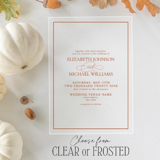 Invitations En Acrylique Mariage de script classique orange brûlé (Créateur téléchargé)